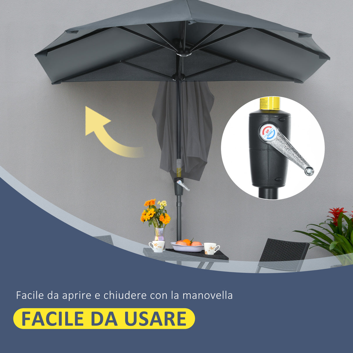 easycomfort easycomfort ombrellone semicircolare con manovella e tettuccio anti uv 200x190x240 cm grigio