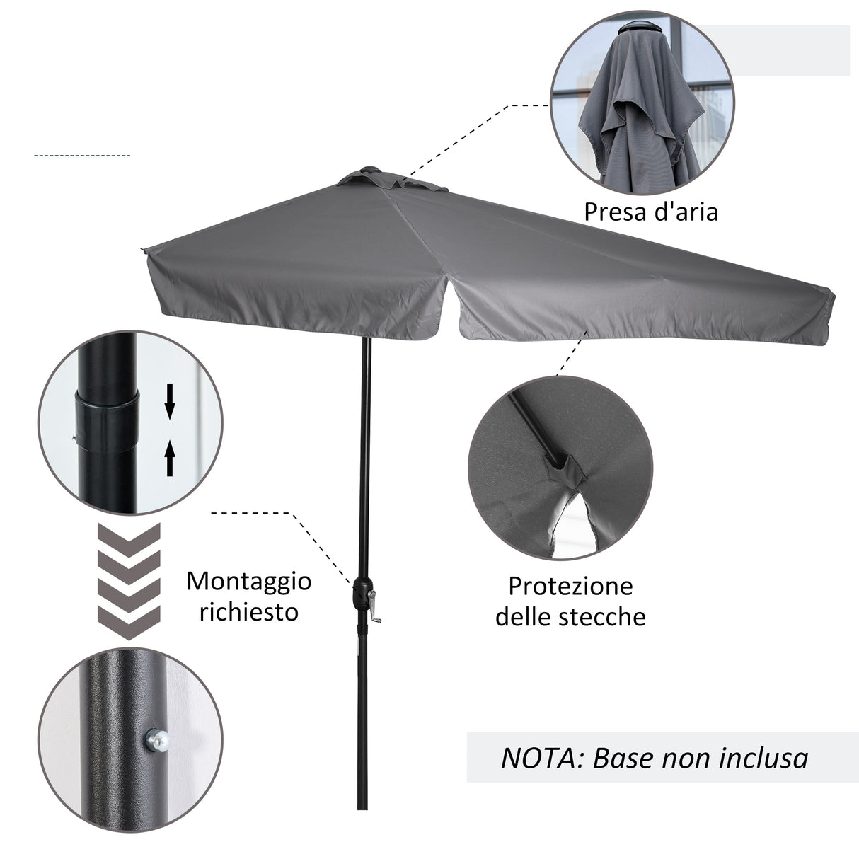 easycomfort easycomfort ombrellone semicircolare da parete 2 5x2 3m con apertura a manovella in metallo e poliestere grigio