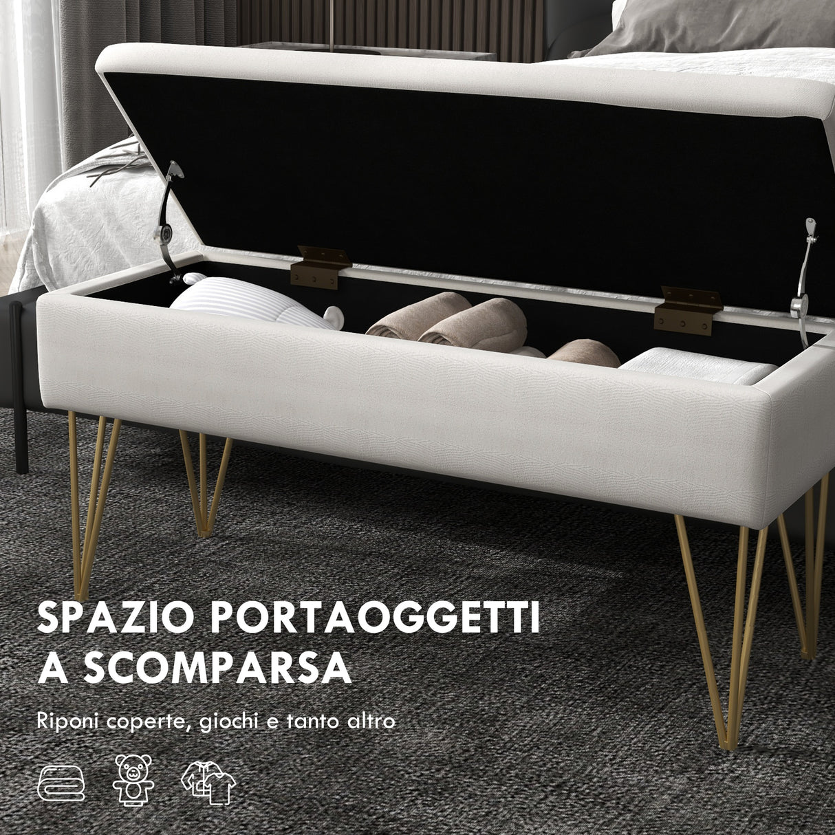 easycomfort easycomfort panca fondo letto con contenitore in tessuto e gambe in acciaio 100x40x49cm crema