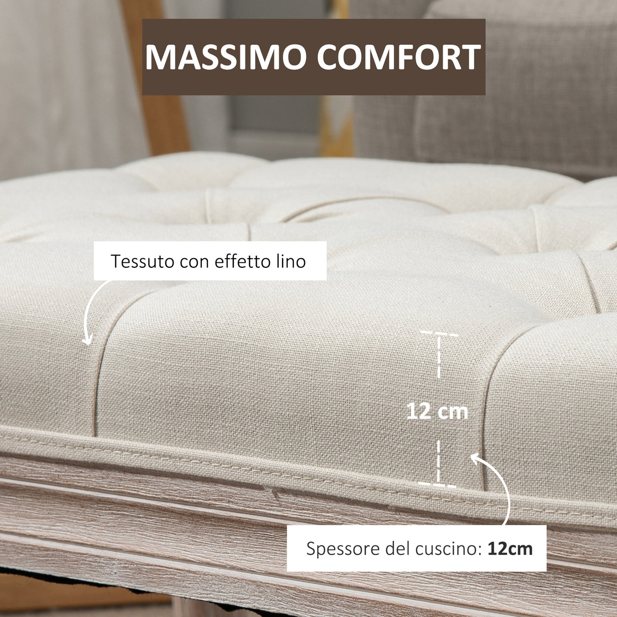 easycomfort easycomfort panca fondo letto imbottita con rivestimento effetto lino e gambe in legno 80x40x41cm beige