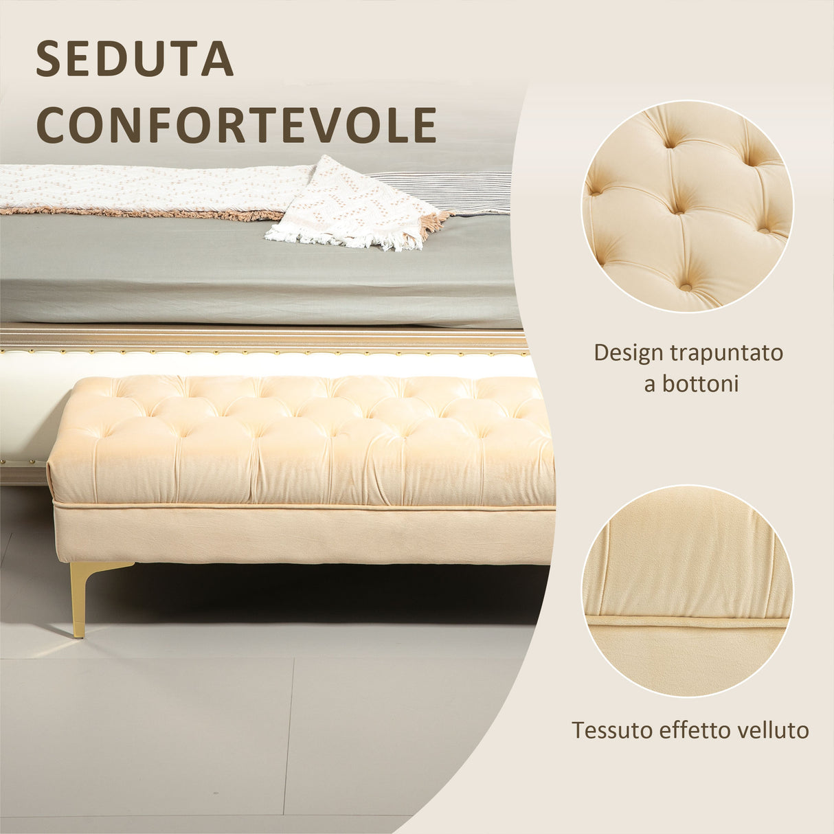easycomfort easycomfort panca fondo letto imbottita con rivestimento trapuntato in tessuto effetto velluto 118x45x42 cm beige