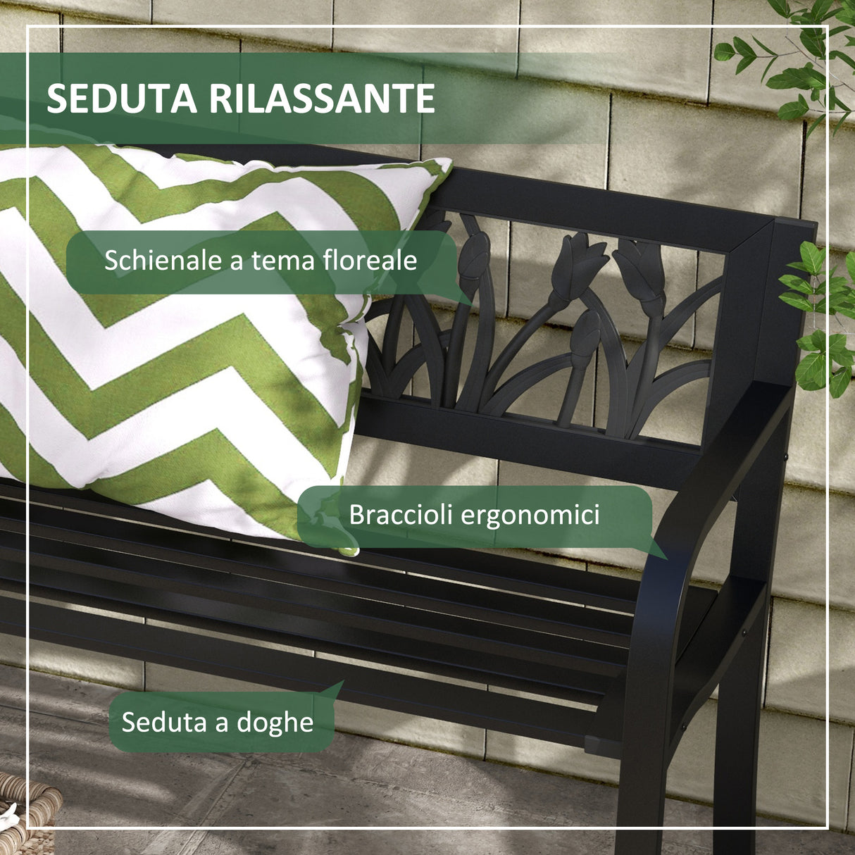 easycomfort easycomfort panchina da giardino a 2 posti in acciaio con schienale decorato e braccioli 125x50x75cm nero