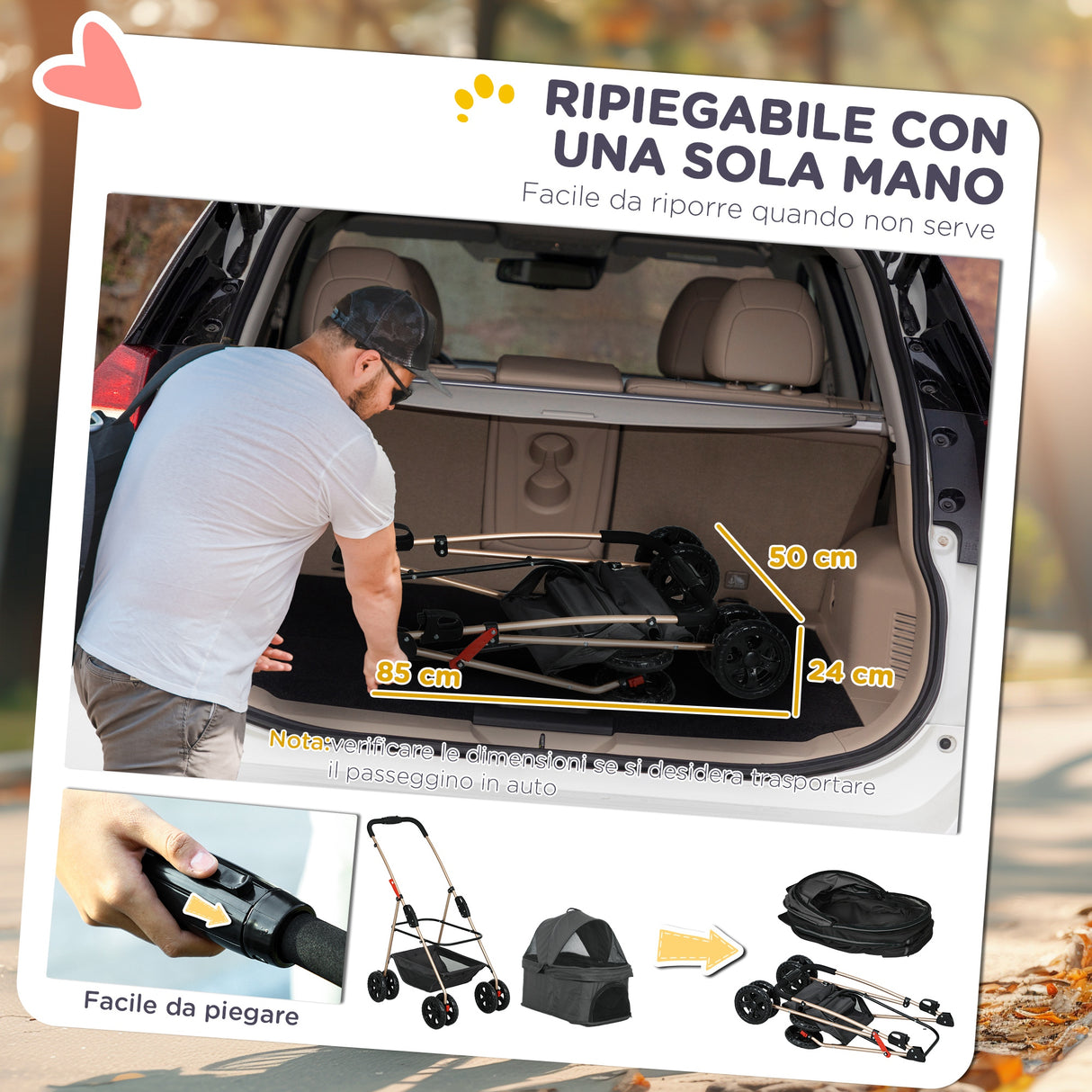 easycomfort easycomfort passeggino per cani 3 in 1 pieghevole con borsa trasportino e cestino inferiore grigio