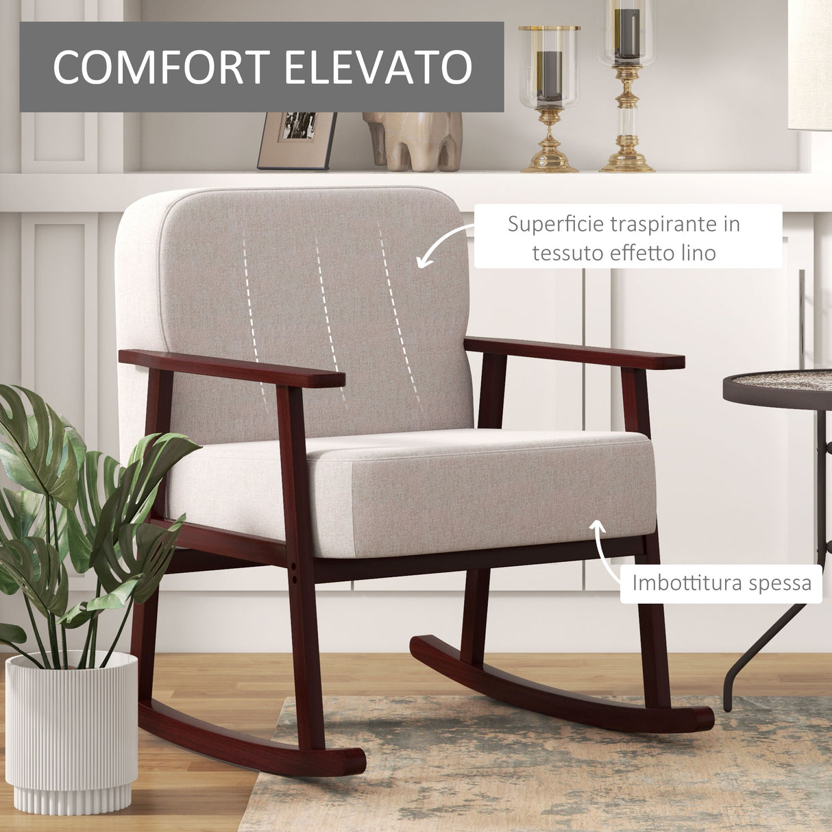 easycomfort easycomfort poltrona a dondolo in tessuto effetto lino e legno con braccioli e cuscini 66x78x76 cm beige e marrone