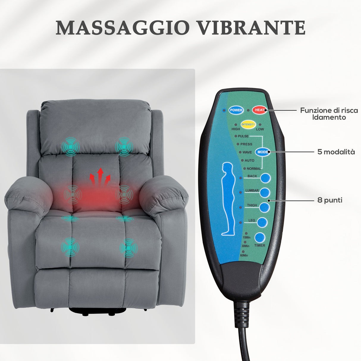 easycomfort easycomfort poltrona alzapersona a 8 punti massaggianti e tasca portaoggetti in finta pelle e acciaio 90x95x103 cm grigia