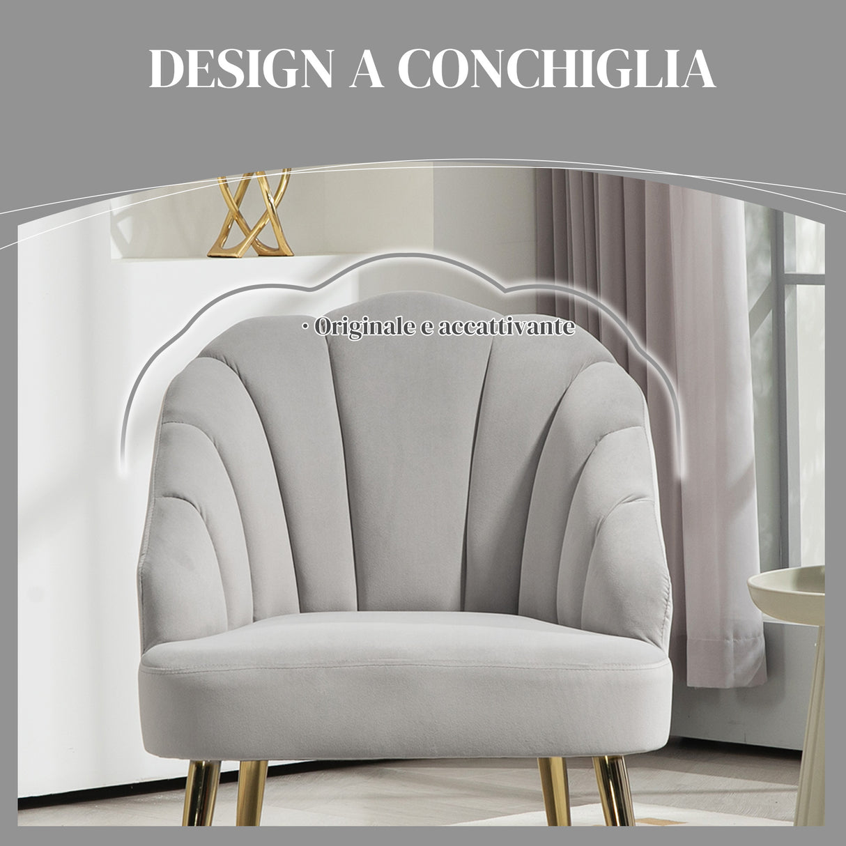 easycomfort easycomfort poltrona in velluto da camera e salotto a conchiglia stile art deco acciaio 63x65x84 cm grigio