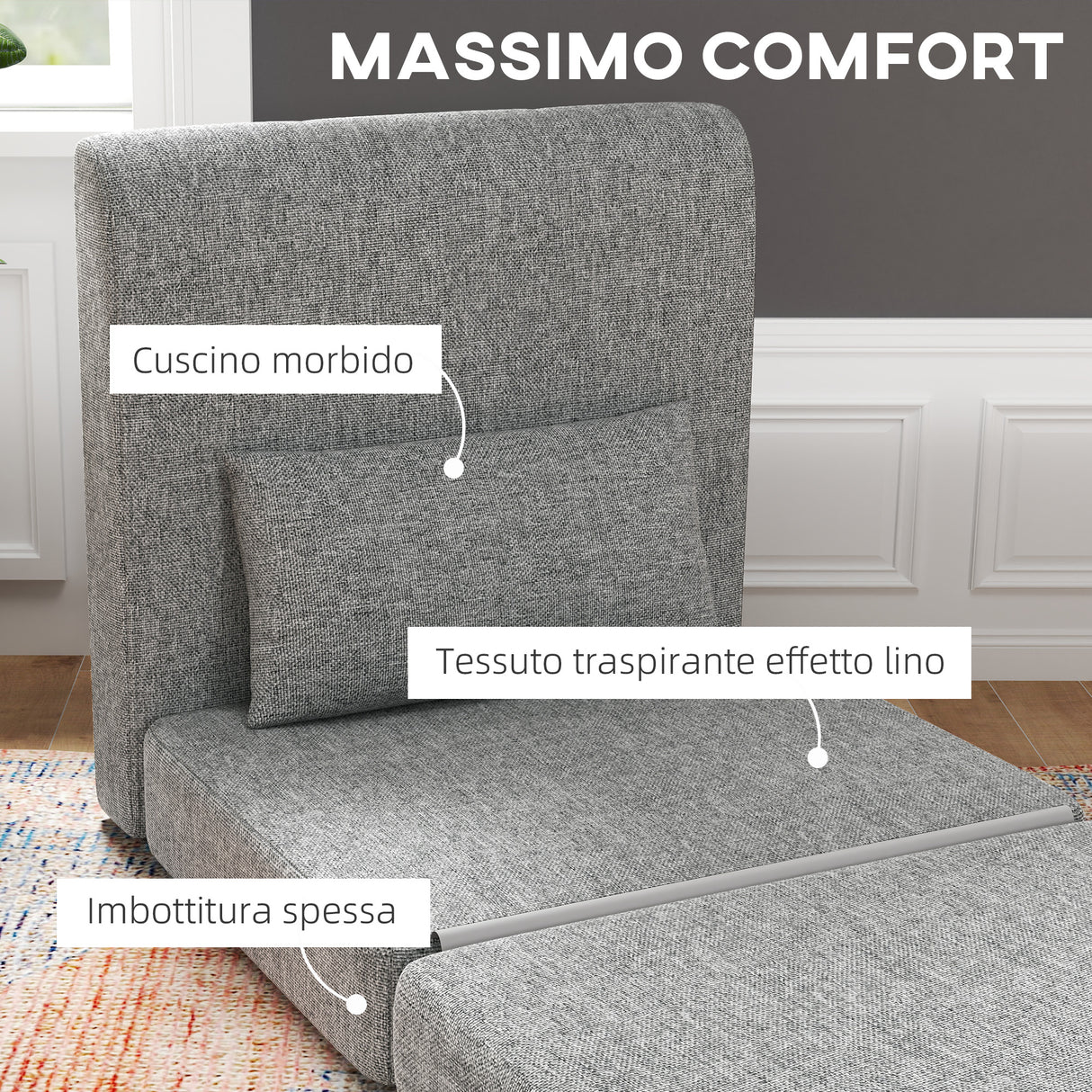 easycomfort easycomfort poltrona letto pieghevole da terra a 3 sezioni salvaspazio in tessuto 80x75x74 cm grigio