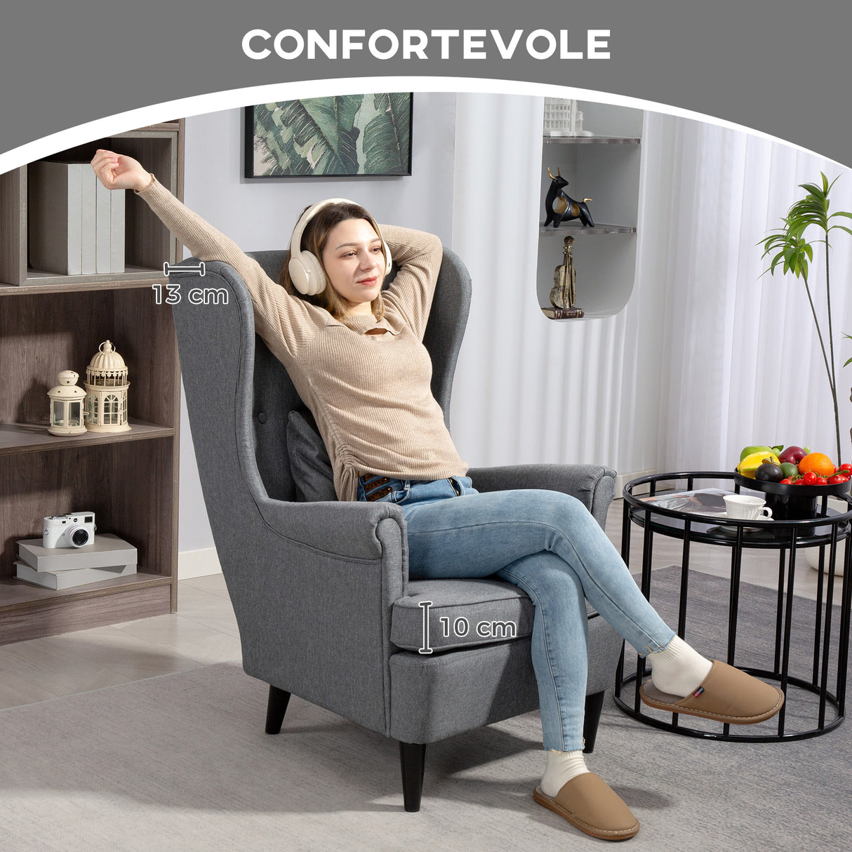 easycomfort easycomfort poltrona per salotto in tessuto con pouf poggiapiedi schienale alto e cuscino 75x83x104 cm grigio