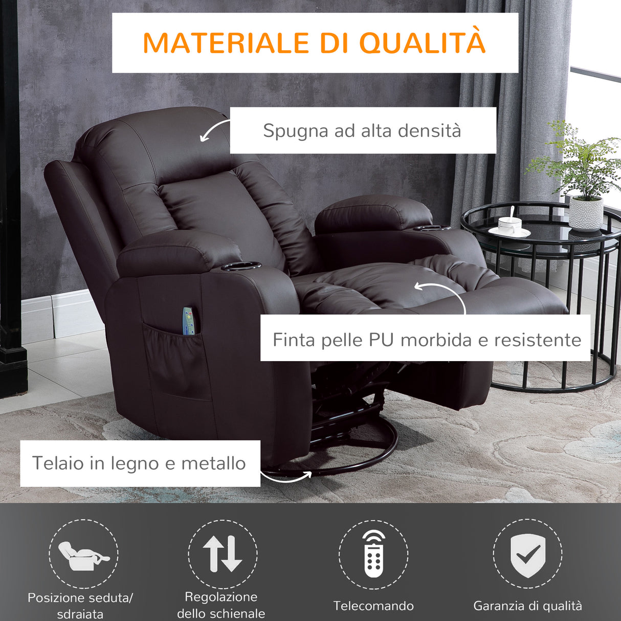 easycomfort easycomfort poltrona relax massaggiante e riscaldata con telecomando 85x94x104cm finta pelle marrone