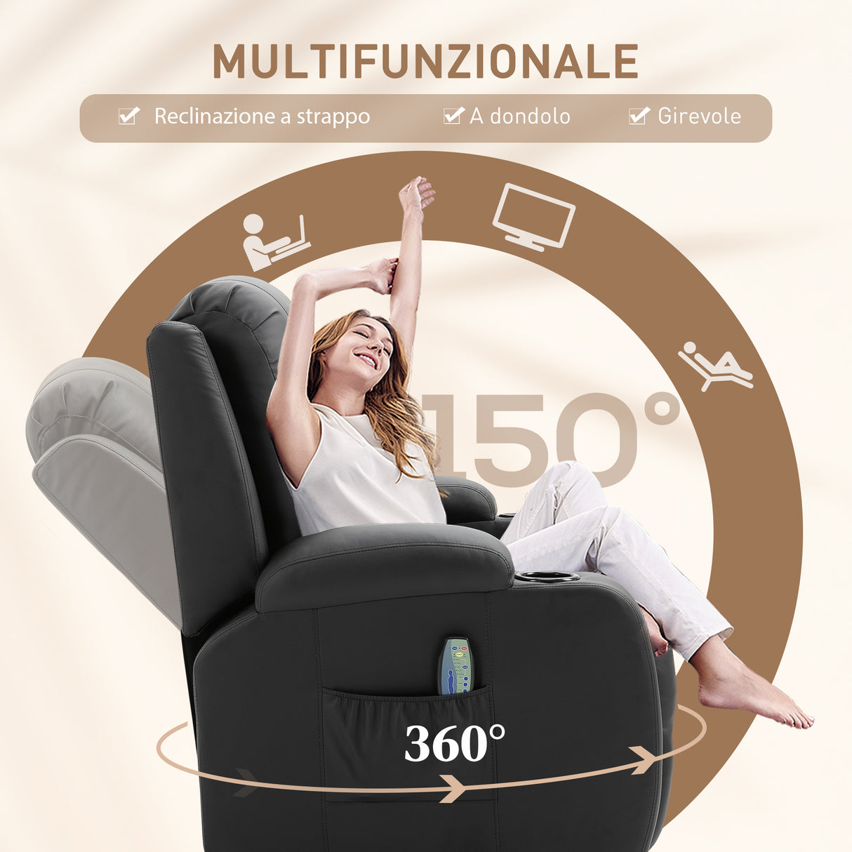 easycomfort easycomfort poltrona relax reclinabile fino 150 in finta pelle con 8 punti massaggio e riscaldamento nero