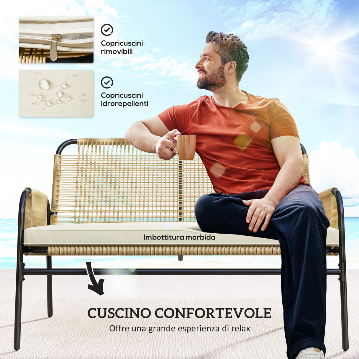 easycomfort easycomfort salotto da giardino in rattan pe con divanetto e 2 poltrone con cuscini tavolino in vetro giallo