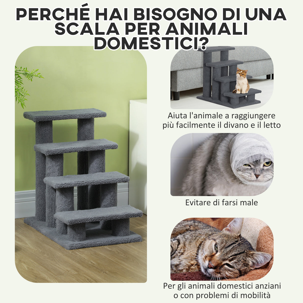 easycomfort easycomfort scaletta per cani e gatti a 4 gradini con rivestimento in peluche 61x41x60 cm grigio