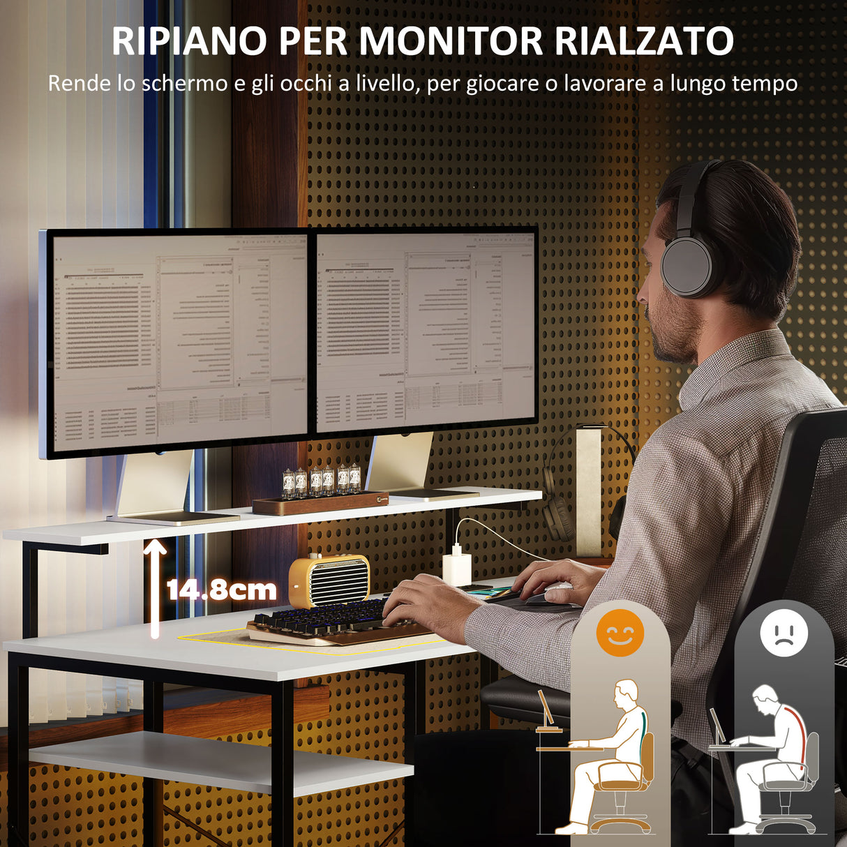 easycomfort easycomfort scrivania angolare con presa elettrica e usb scaffale e supporto per monitor bianco e nero