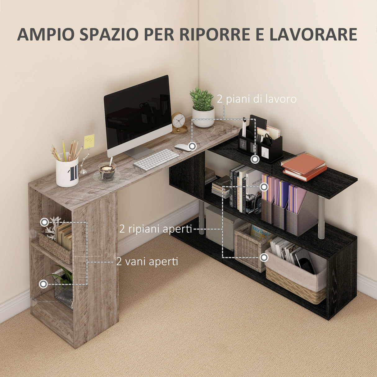 easycomfort easycomfort scrivania angolare salvaspazio con ripiano a s in legno 140x120x78 cm grigio effetto legno