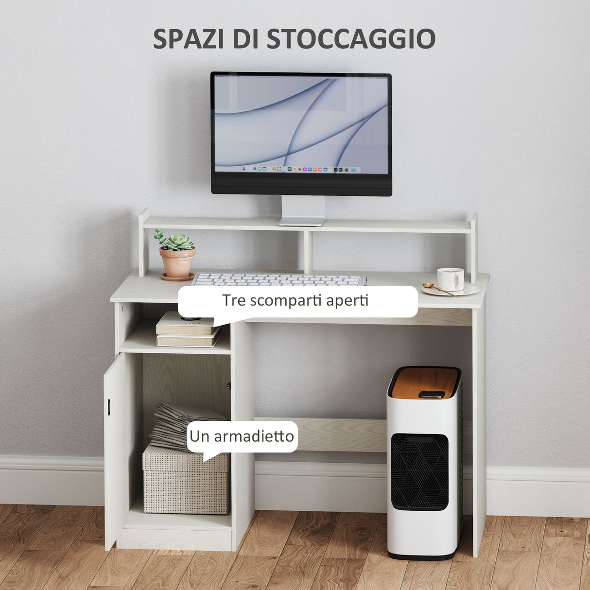 easycomfort easycomfort scrivania moderna con supporto per monitor armadietto e ripiani 108x50x94 cm crema