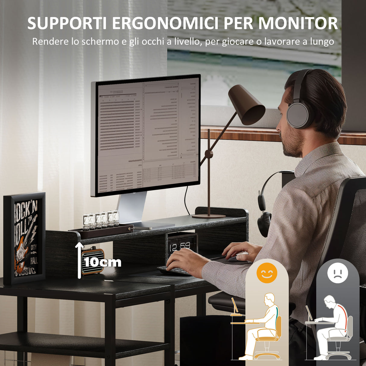 easycomfort easycomfort scrivania pc con supporto per monitor e 2 ripiani regolabili in legno e acciaio 120x48x85 5 cm nero