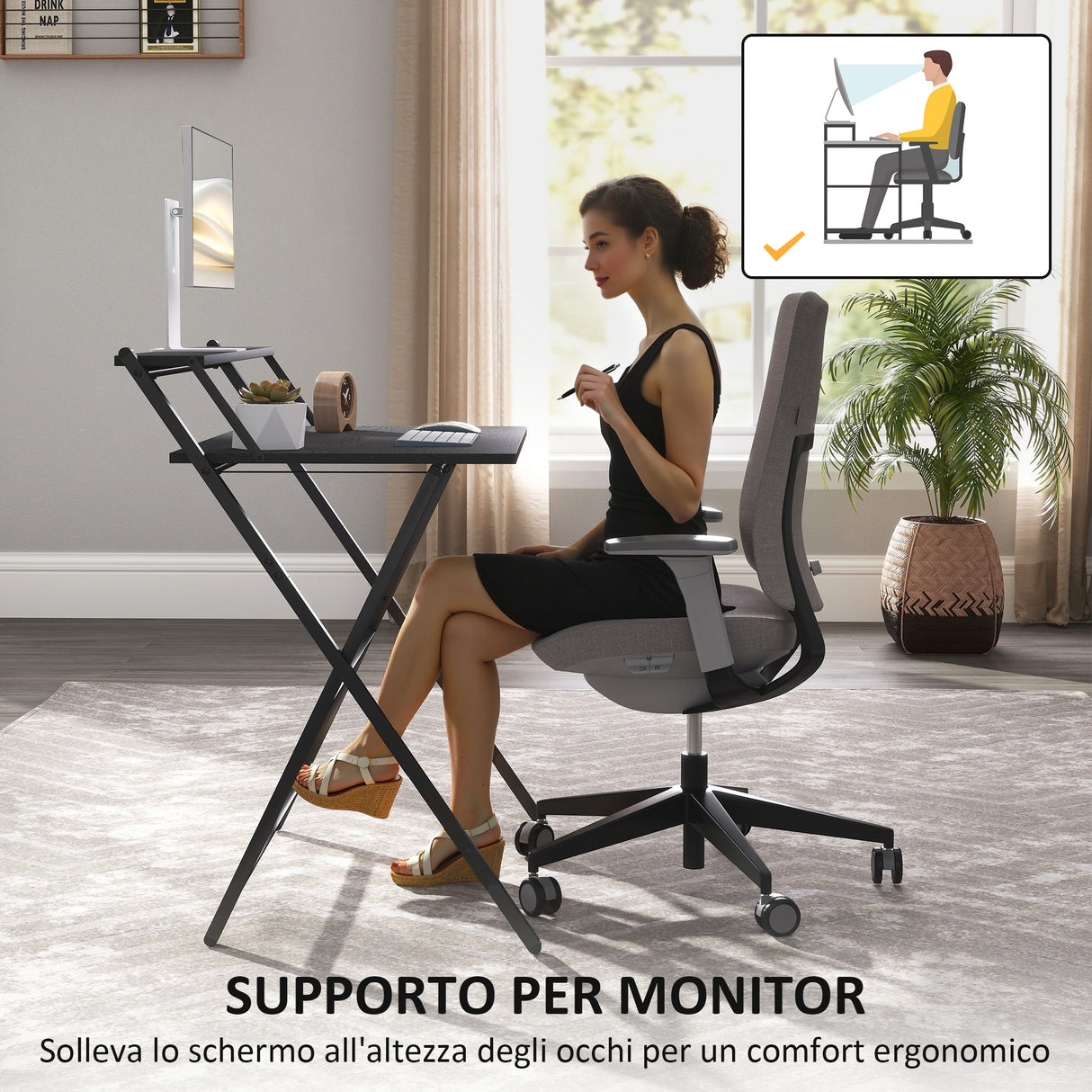 easycomfort easycomfort scrivania pieghevole con ripiano per monitor 81 5x62x86 5 cm nero