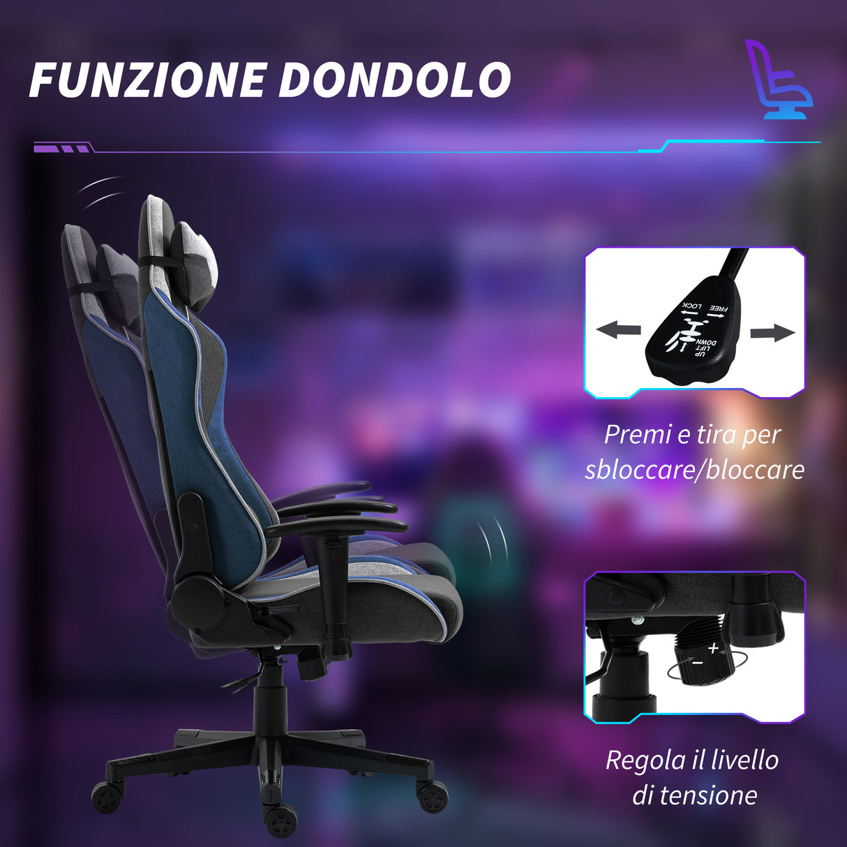 easycomfort easycomfort sedia da gaming reclinabile a 150 con funzione dondolo in tessuto effetto lino 66x53x128 138 cm grigio