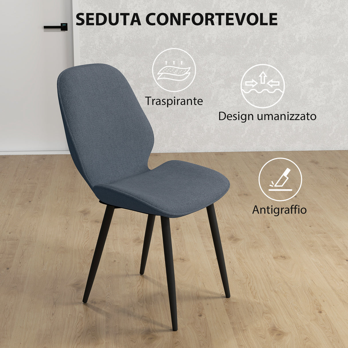 easycomfort easycomfort set 2 sedie da pranzo con schienale ricurvo in tessuto effetto lino schiuma e acciaio 46x56x86 cm grigio e nero