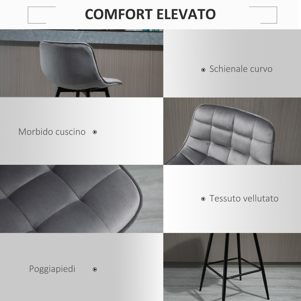 easycomfort easycomfort set 2 sgabelli alti in stile nordico con schienale e poggiapiedi sgabelli con schienale in tessuto effetto velluto e metallo 45x47x88 cm grigio ean 8054144138626