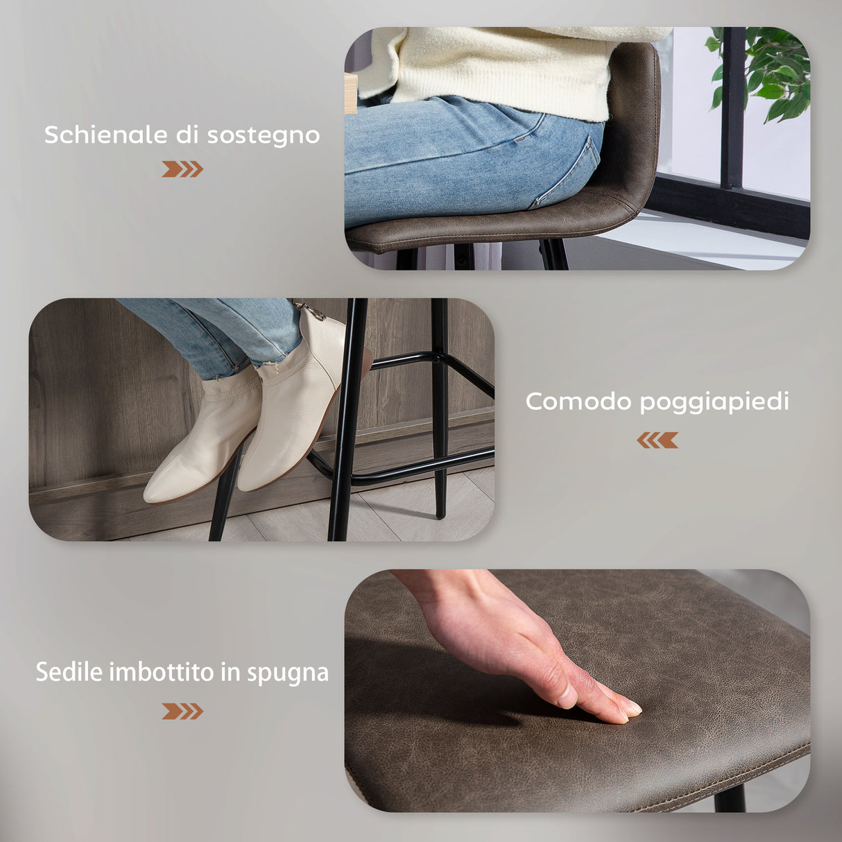 easycomfort easycomfort set 2 sgabelli bar con schienale basso e poggiapiedi rivestimento in pu e gambe in acciaio marrone scuro