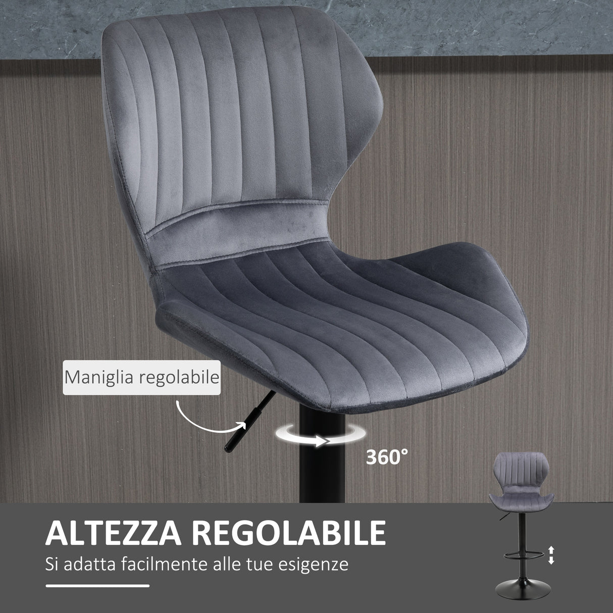 easycomfort easycomfort set 2 sgabelli da bar ad altezza regolabile con seduta ergonomica e poggiapiedi sgabelli alti in effetto velluto e metallo 47x51 5x92 114 cm grigio