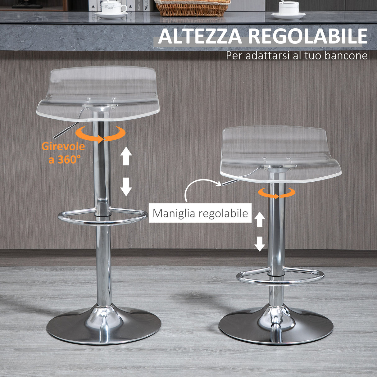 easycomfort easycomfort set 2 sgabelli da bar con altezza regolabile seduta girevole e poggiapiedi metallo e acrilico trasparente