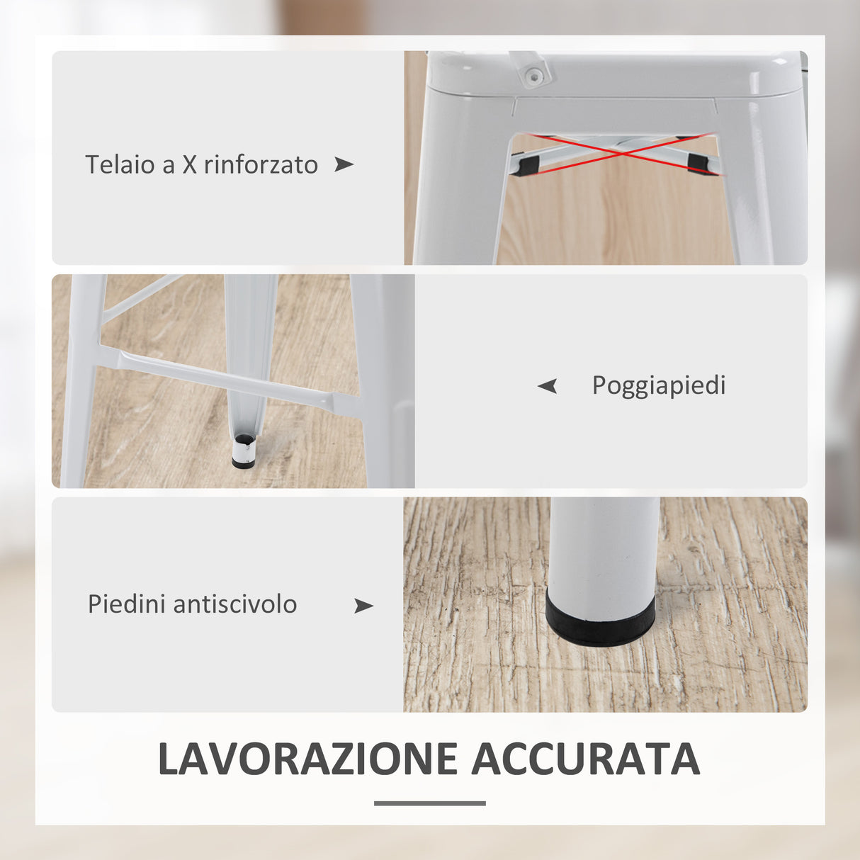 easycomfort easycomfort set 2 sgabelli da bar impilabili in metallo con schienale rimovibile e poggiapiedi bianco