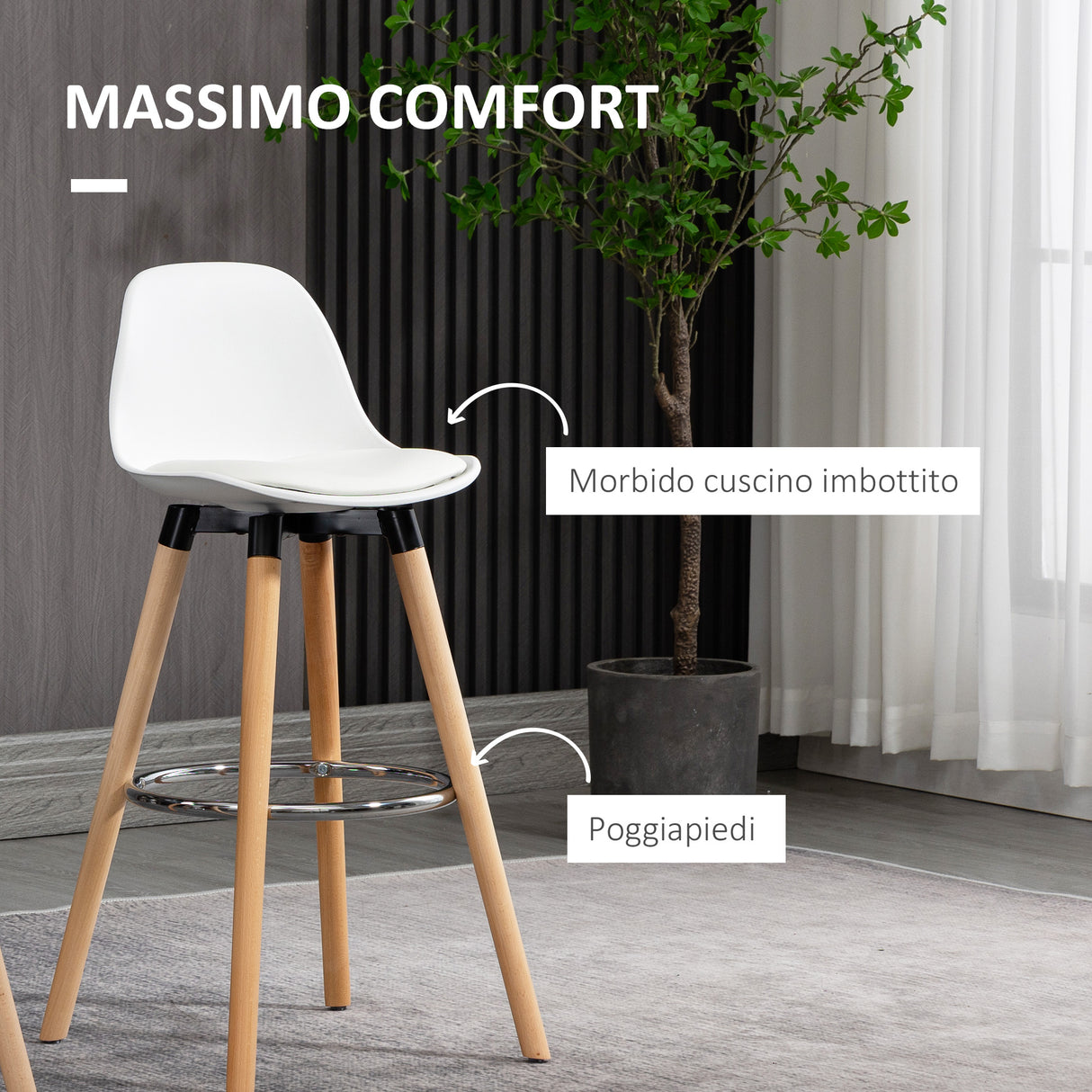 easycomfort easycomfort set 2 sgabelli da bar stile nordico con schienale cuscino e poggiapiedi legno e plastica bianco