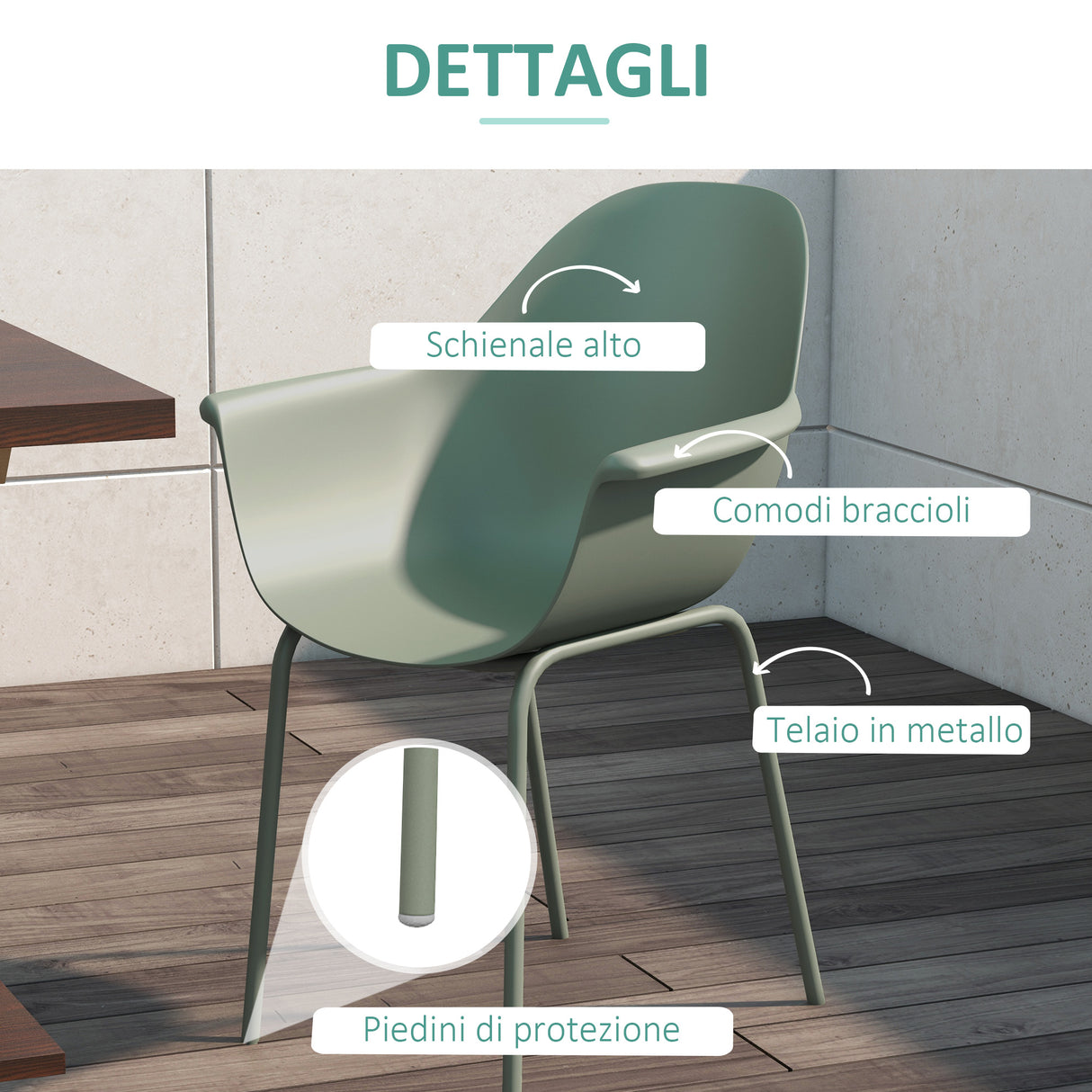 easycomfort easycomfort set 4 sedie da giardino con piedini antiscivolo in pp e acciaio 59x55x84 cm verde