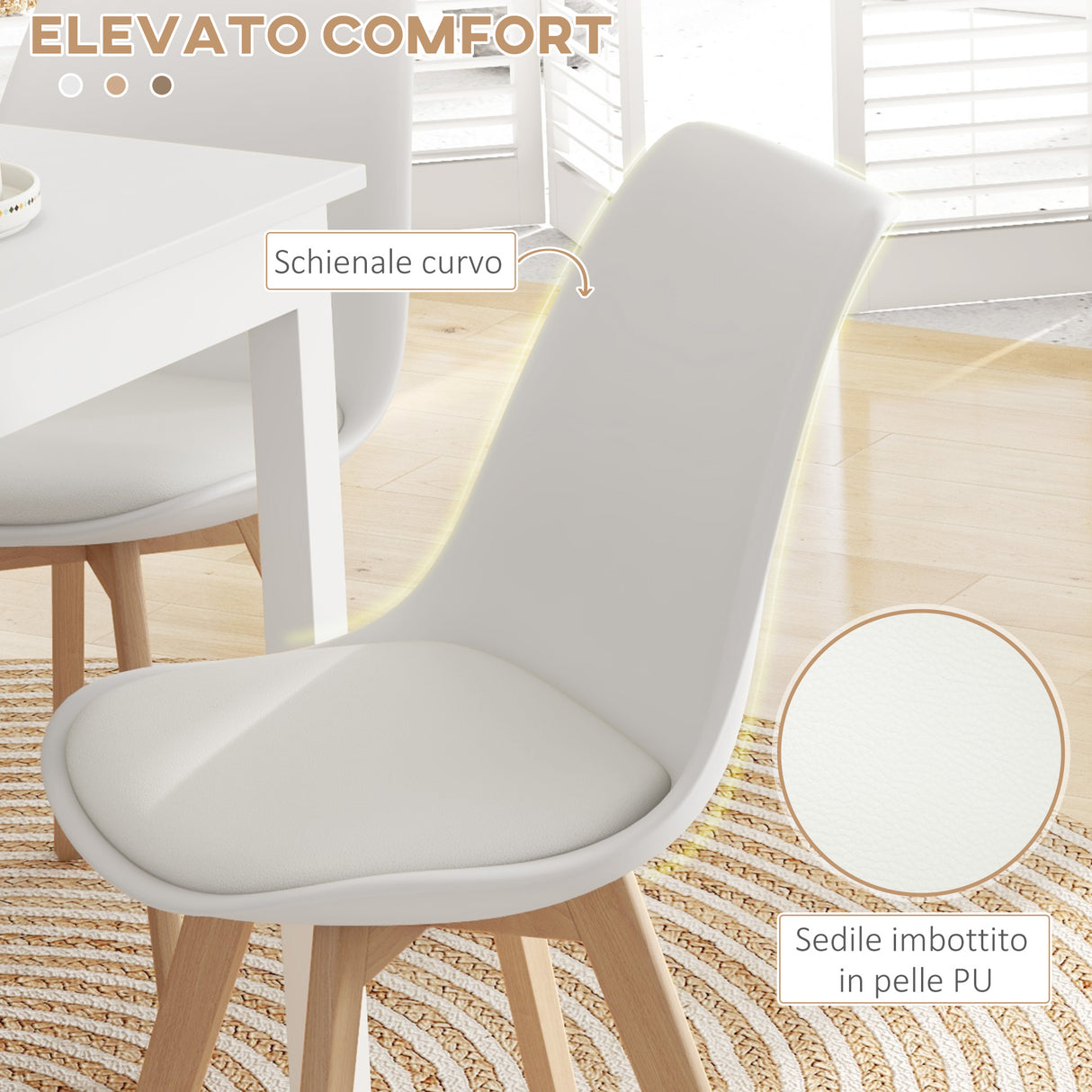 easycomfort easycomfort set 4 sedie da pranzo stile nordico in plastica con gambe in legno e cuscino in finta pelle bianco