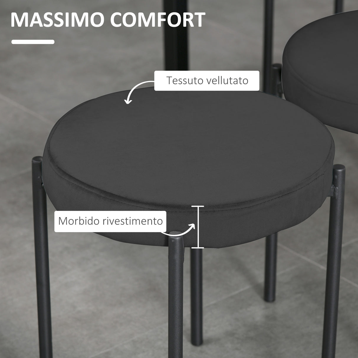 easycomfort easycomfort set 4 sgabelli bassi e rotondi in metallo e tessuto effetto velluto 41 5x41 5x46 cm nero