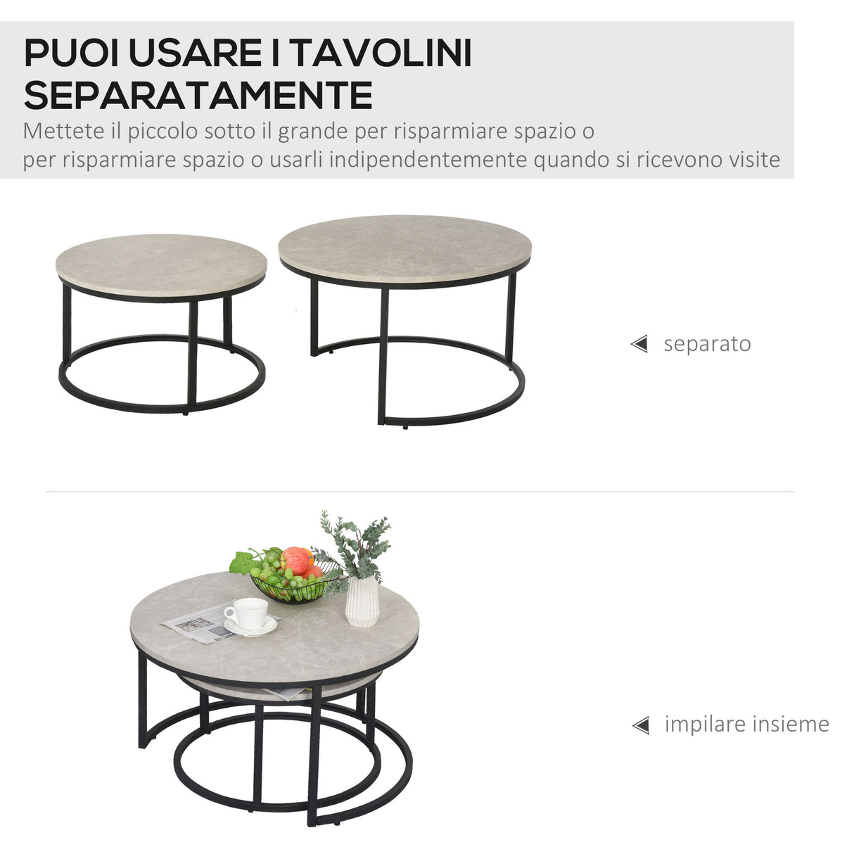 easycomfort easycomfort set da 2 tavolini da caffe sovrapponibili rotondi in metallo e mdf effetto marmo grigio e nero
