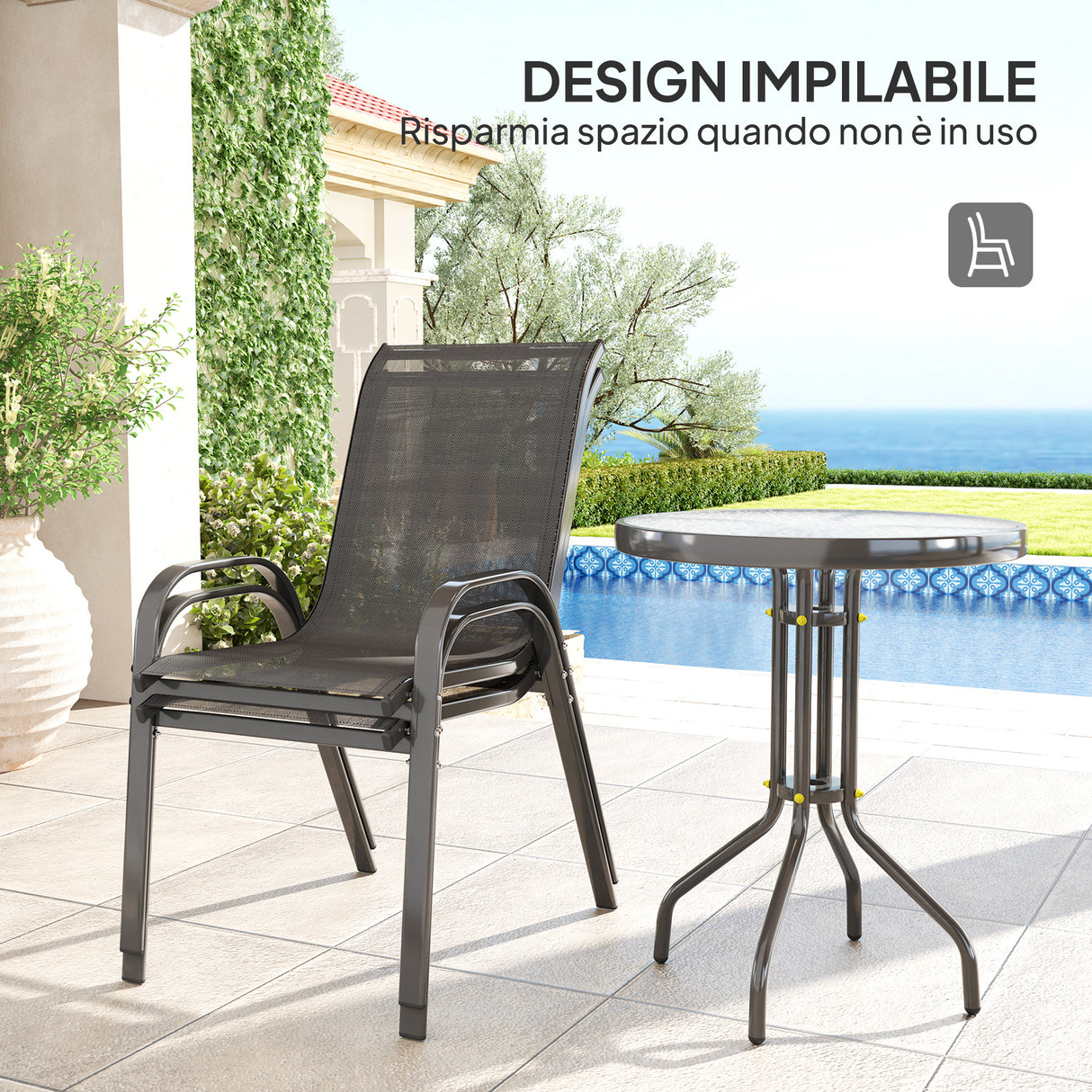 easycomfort easycomfort set da giardino 3 pezzi con 2 sedie da giardino 54x71x93 cm e tavolino rotondo 60x71 cm in acciaio nero