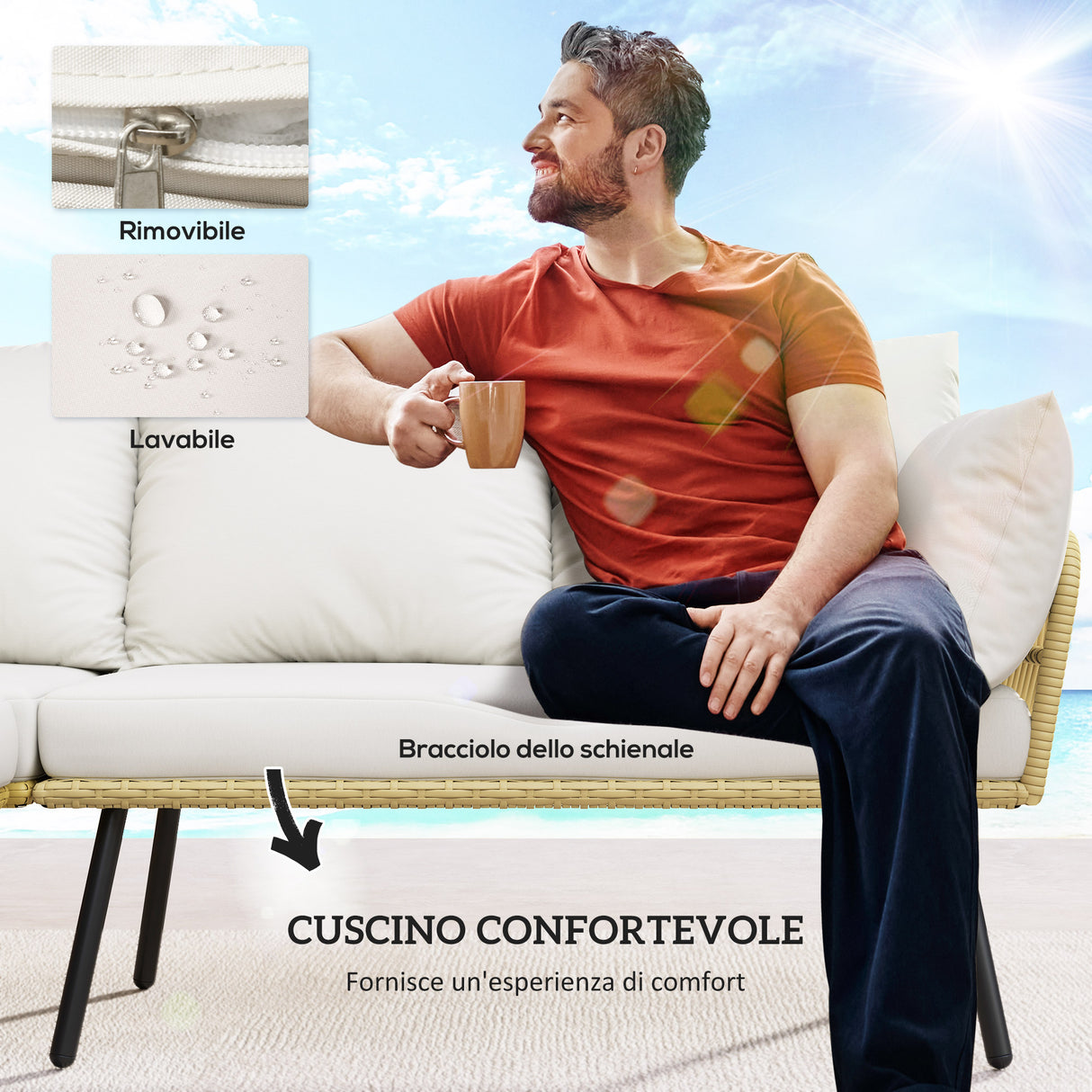 easycomfort easycomfort set da giardino 4 pezzi in rattan pe con tavolino da esterni 90x45x42 cm e 2 divanetti per esterni 6ex63x74 cm bianco crema