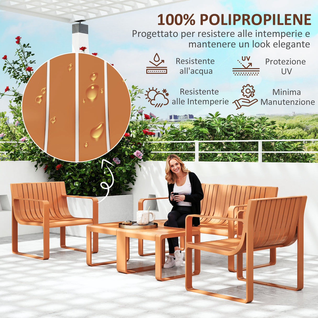 easycomfort easycomfort set da giardino 5 pezzi a doghe con divanetto 2 poltroncine e 2 tavolini in polipropilene arancione