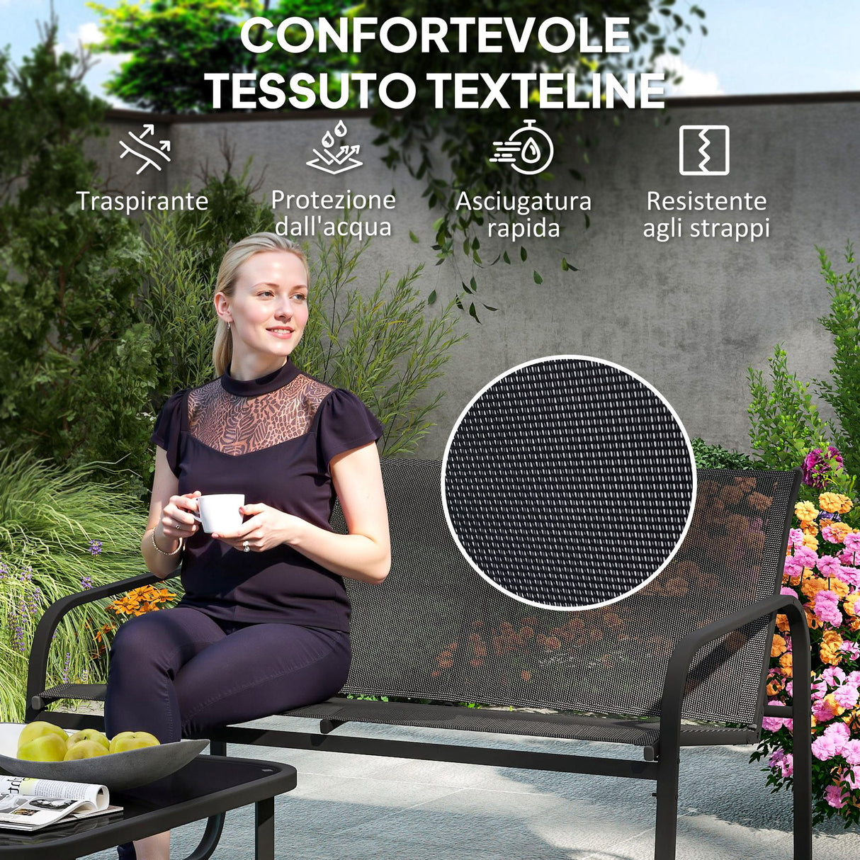 easycomfort easycomfort set da giardino con 2 divani 2 posti 2 poltrone e un tavolino da caffe con piano in vetro nero
