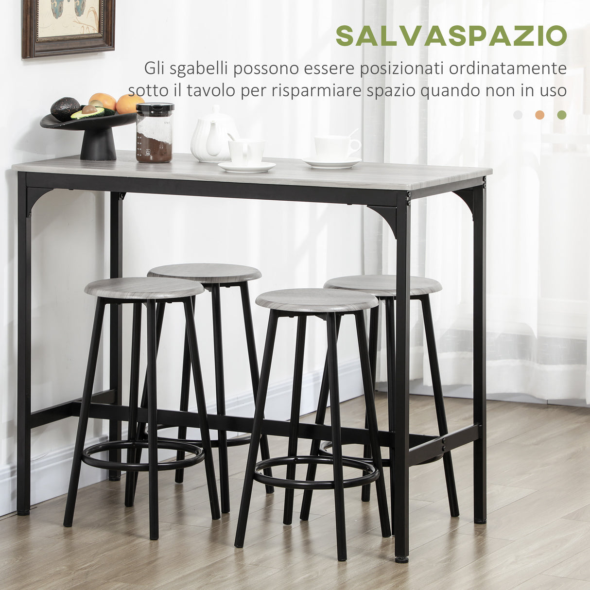 easycomfort easycomfort set da pranzo 5 pezzi con bancone da bar 110x50x89 5 cm e sgabelli 30x60 5 cm in legno e metallo grigio e nero
