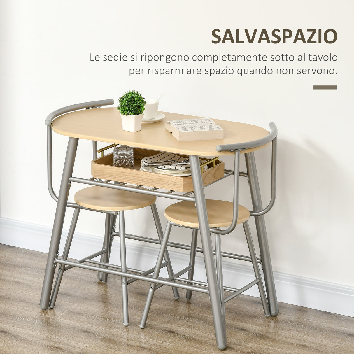 immagine-5-easycomfort-easycomfort-set-da-pranzo-salvaspazio-da-3-pezzi-con-tavolo-da-pranzo-ovale-con-ripiano-e-2-sedie-in-mdf-e-acciaio