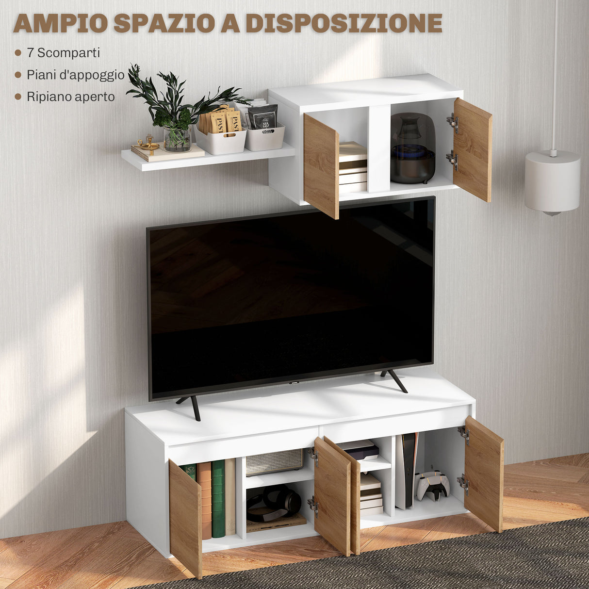 easycomfort easycomfort set mobile tv e armadietto a muro con 7 ripiani e scaffale aperto in legno 120x41x43 3 cm bianco e color legno