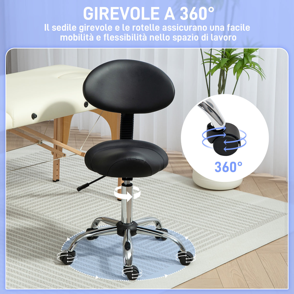 easycomfort easycomfort sgabello estetista con ruote e schienale altezza regolabile e seduta girevole in finta pelle nero