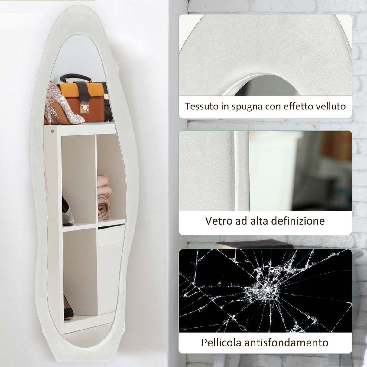 easycomfort easycomfort specchio a figura intera con cornice ondulata in velluto specchio da terra e da parete 160x50 cm bianco