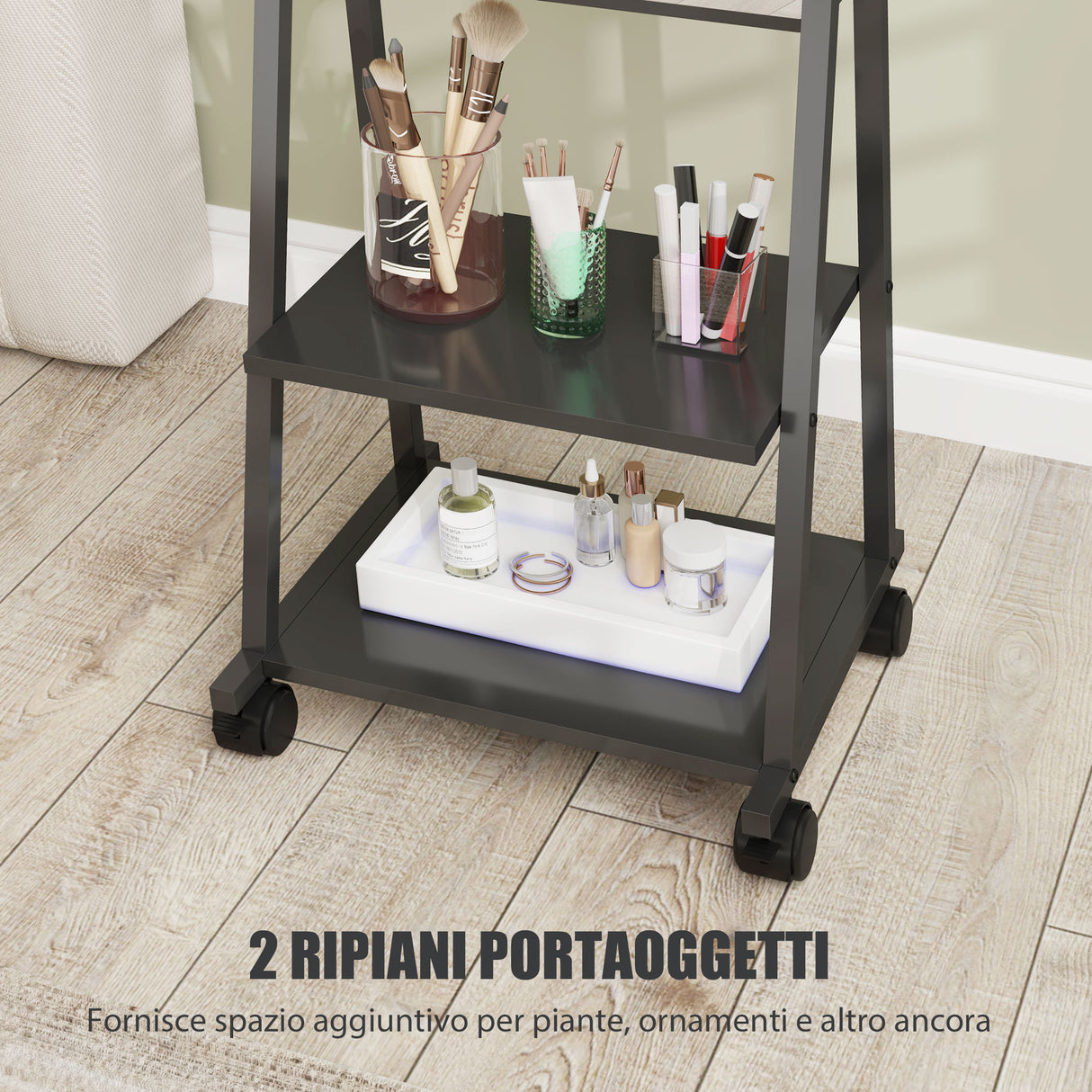 easycomfort easycomfort specchio verticale da terra con 2 ripiani e 4 rotelle in acciaio e legno 42x37x155 cm nero