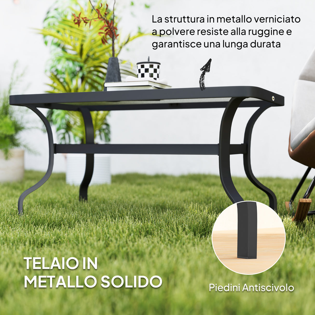 easycomfort easycomfort tavolino da esterno rettangolare in metallo nero con piano in vetro temperato 95x55x46 cm