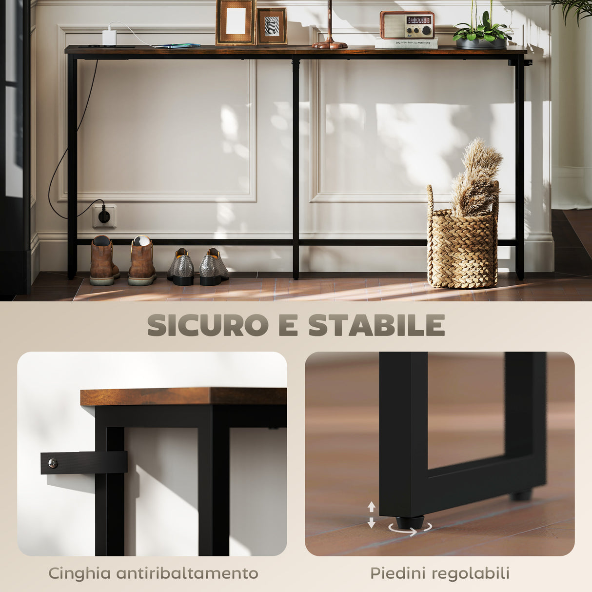 easycomfort easycomfort tavolo consolle in stile industriale con stazione di ricarica in legno e acciaio 160x20x80 cm marrone