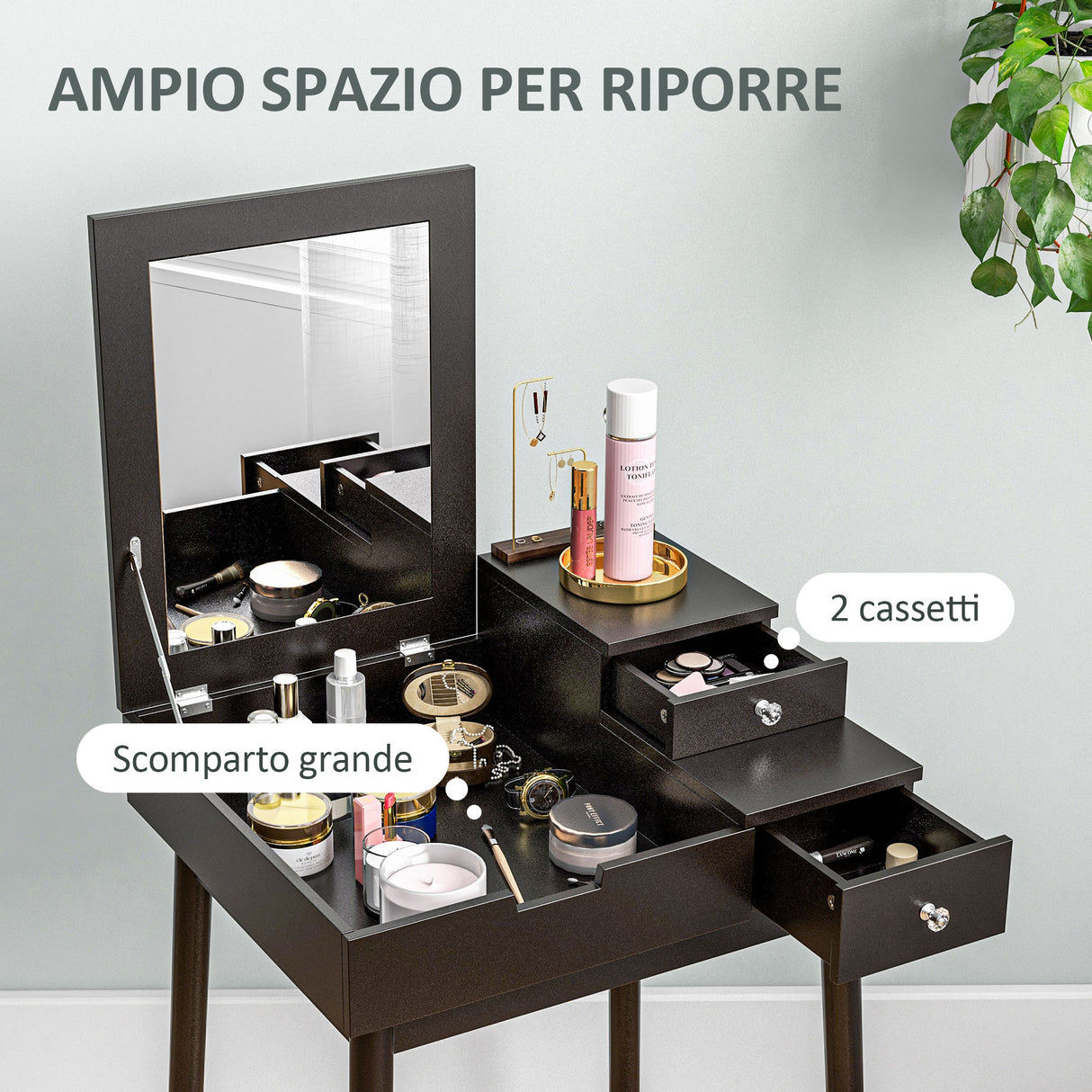 easycomfort easycomfort tavolo da trucco 2 in 1 con specchio ribaltabile e 2 cassetti 60x50x85 5 cm nero
