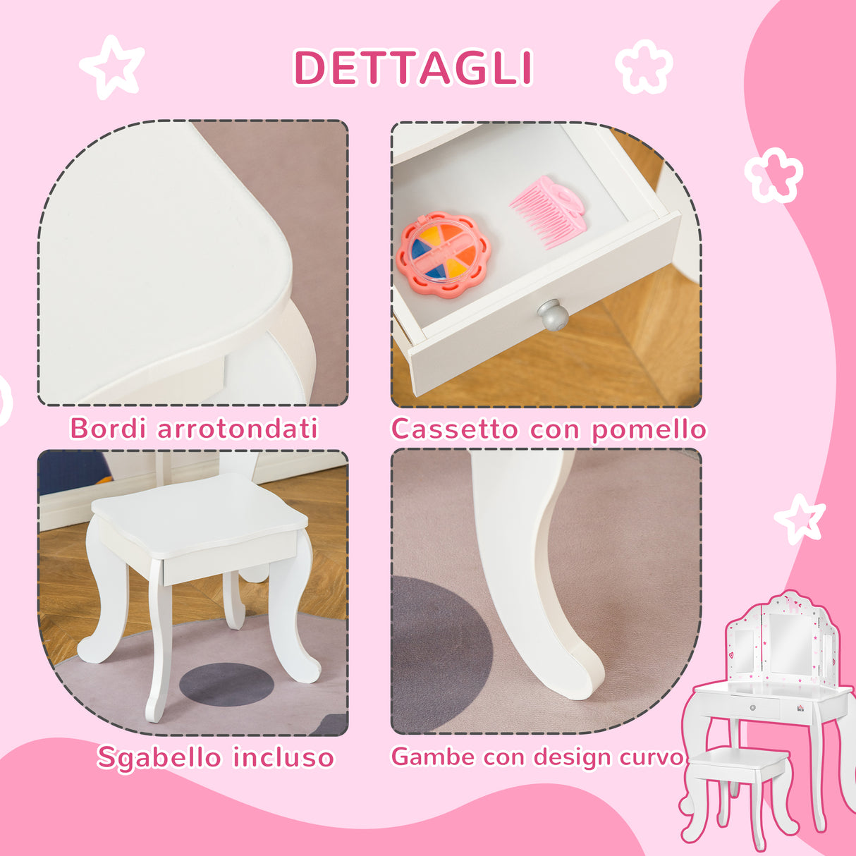 easycomfort easycomfort toeletta per bambini con sgabello tavolo trucco con triplo specchio e cassetto 63x40x85 5cm bianco
