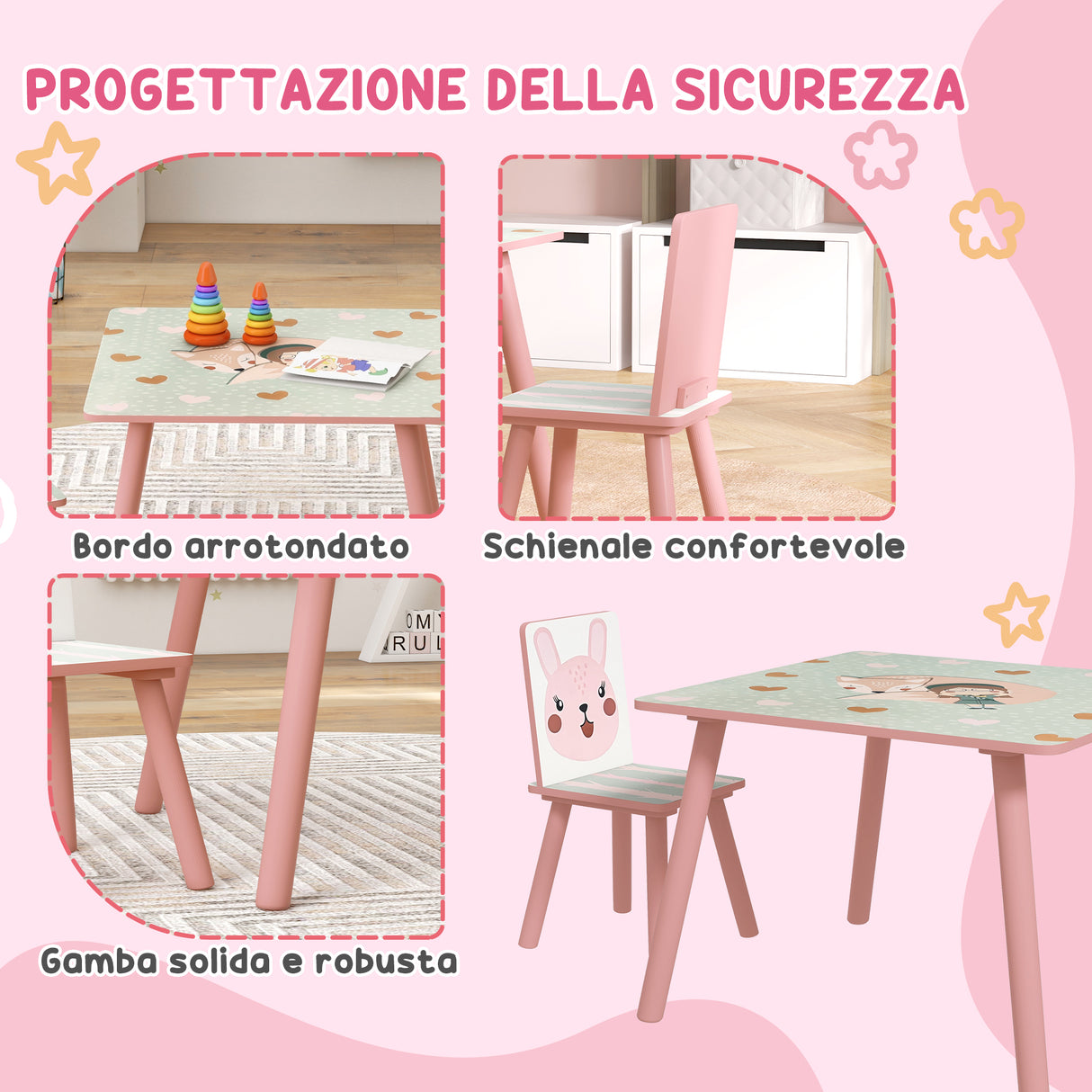 easycomfort easycomfortzonekiz set tavolo e sedie 3 pezzi per bambini 3 8 anni in mdf e legno di pino con disegni di animali rosa