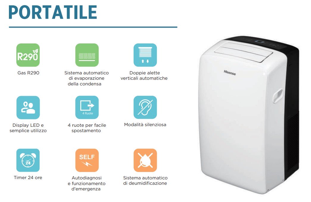 climatizzatore condizionatore hisense portatile 9000 btu aph09 con gas r290