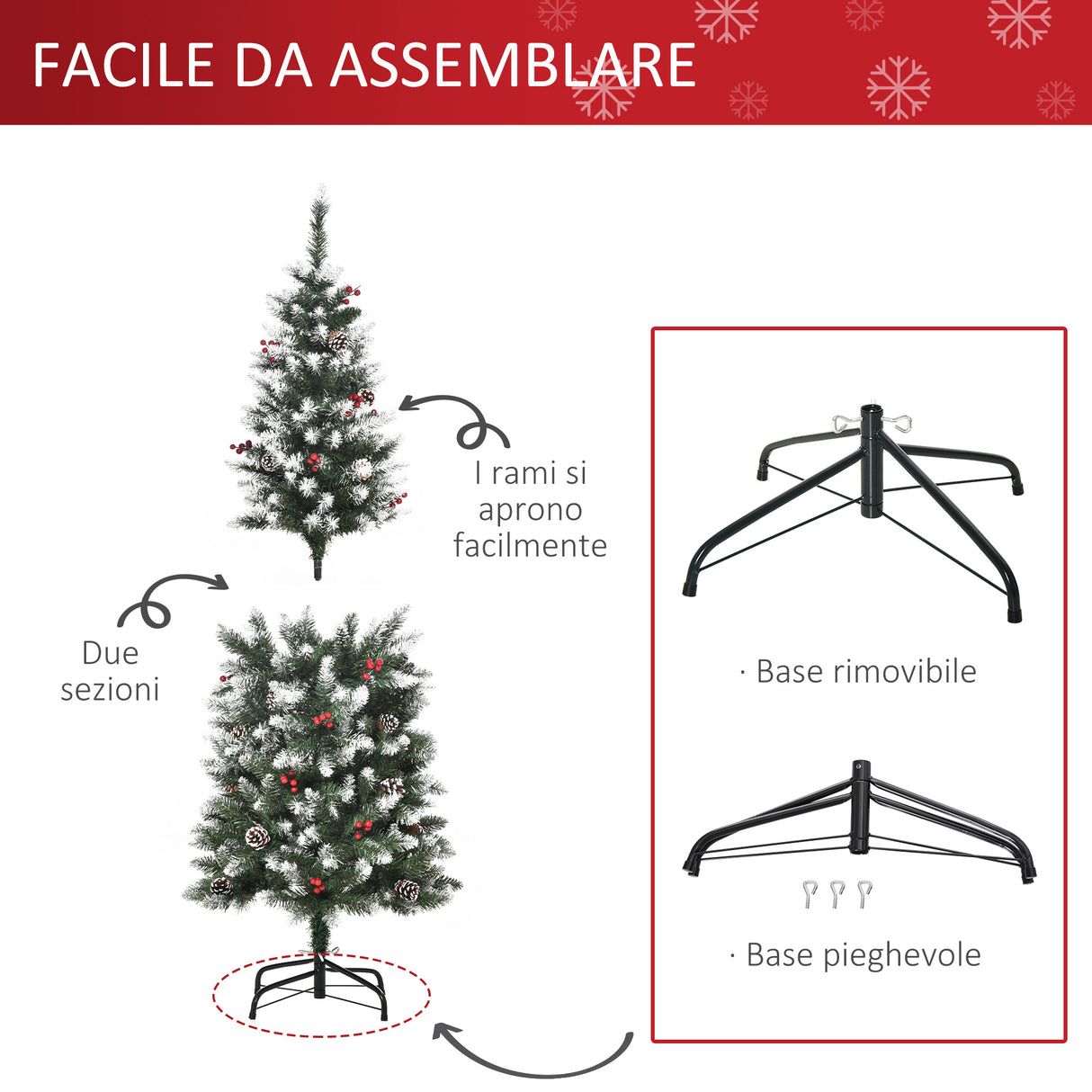 easycomfort easycomfort albero di natale innevato artificiale 150cm con bacche rosse e pigne bianche base rimovibile pieghevole 408 rami